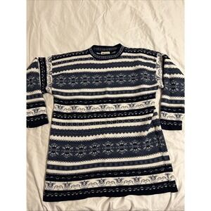 Spunky Vintage Blue And White Sweater 100% Acrylic  Made in USA XL/2XL Unisex
